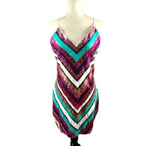 Express Sequin Chevron Mini Dress in Teal, Magenta & White